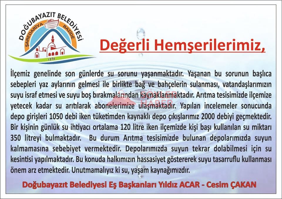 DOĞUBAYAZIT BELEDİYESİNDEN BİLGİLENDİRME BİLDİRİSİ