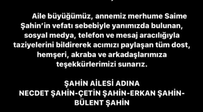 ŞAHİN AİLESİNDE TAZİYE TEŞEKKÜR MESAJI