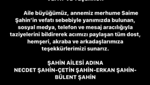 ŞAHİN AİLESİNDE TAZİYE TEŞEKKÜR MESAJI