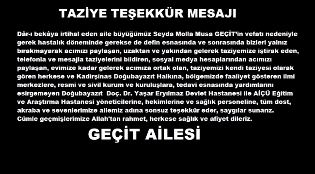 GEÇİT AİLESİNİN TAZİYE TEŞEKKÜR MESAJI