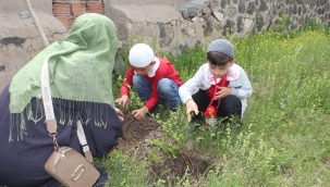 Doğubayazıt'ta Minik Öğrenciler Cami Bahçesine Fidan Dikti